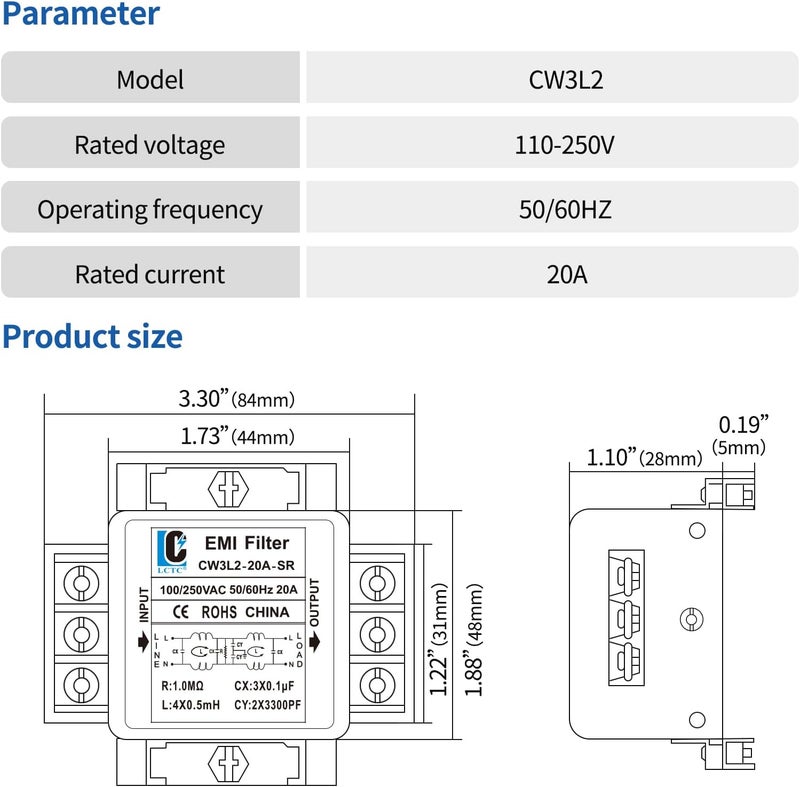 LCLCTC 120V Power EMI line filte,Noise,Suppressor for Home Appliances,Industrial & Medical Equipment,115V/250V 20A 50/60Hz - Image 4